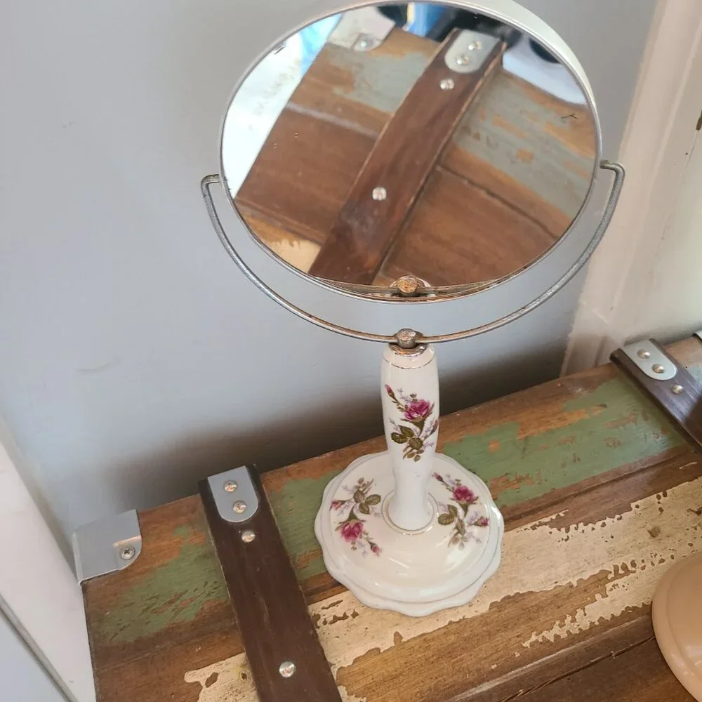 Vintage Standing White Floral Porcelain Vanity Swivel Mirror Made in Japan